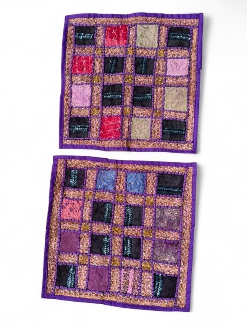 Handcrafted Purple Patchwork Square throw pillow covers boho maximalism beadwork